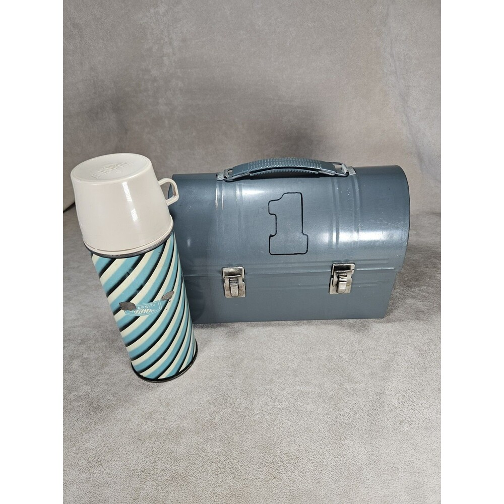 Vintage Domed Metal Lunch Box & King Seeley Gray Plastic Thermos 1960's Set